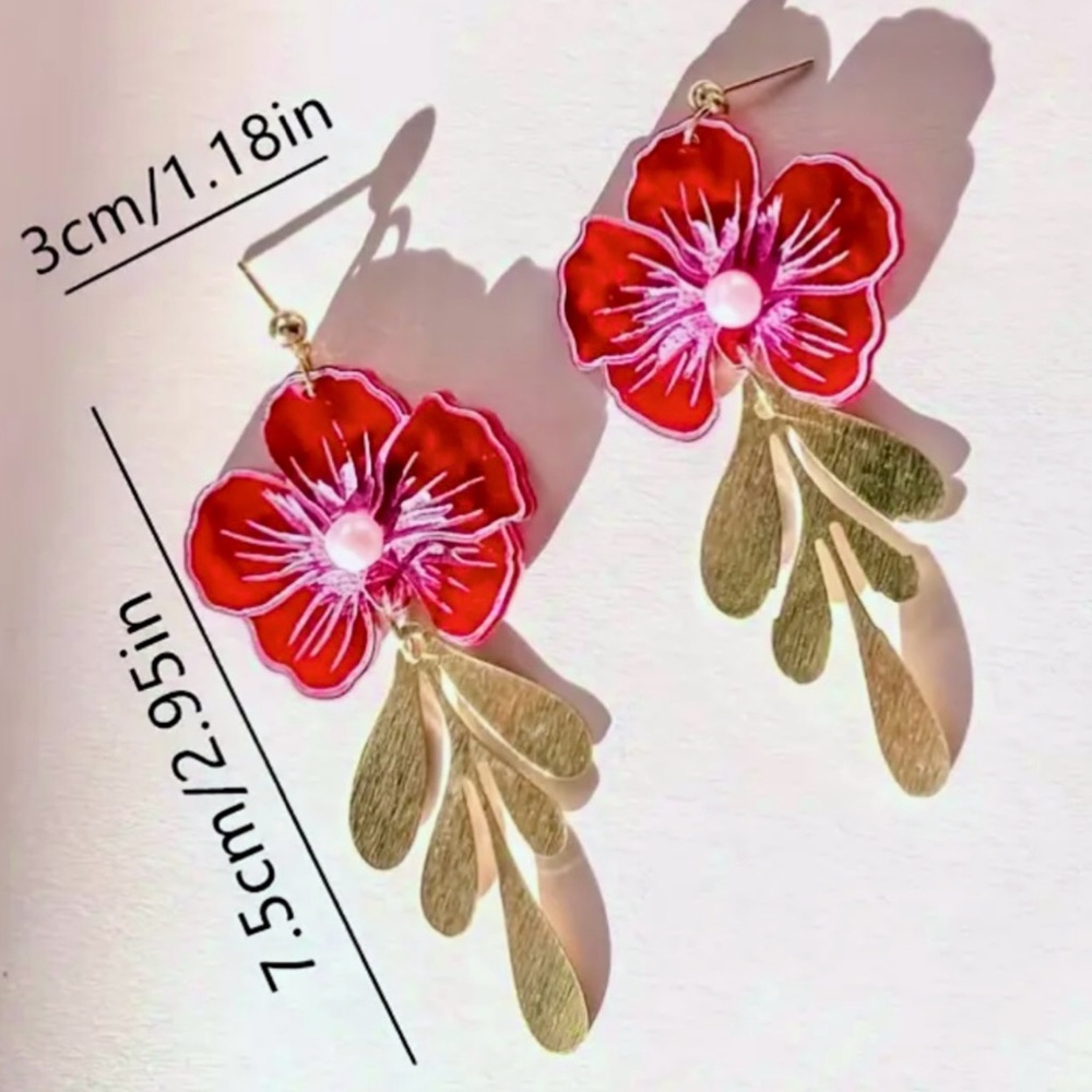 NEW! Red/Pink Camilla Earrings with Faux Pearl and Gold Tone Finish 2.95 inches - Picture 5 of 8